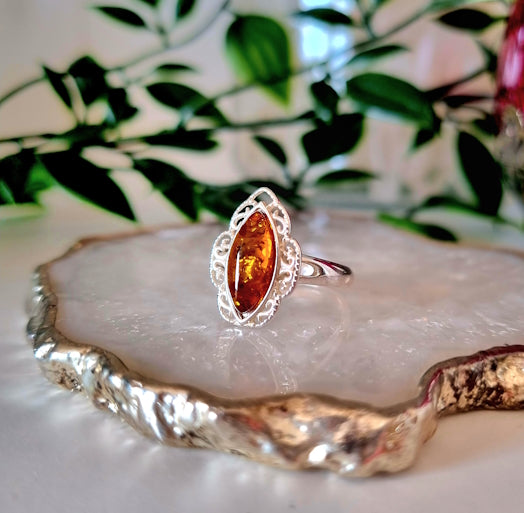 Ring med Silver och Bärnsten, Justerbar