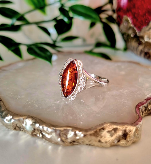 Ring av Sterling silver med Bärnsten (Justerbar)