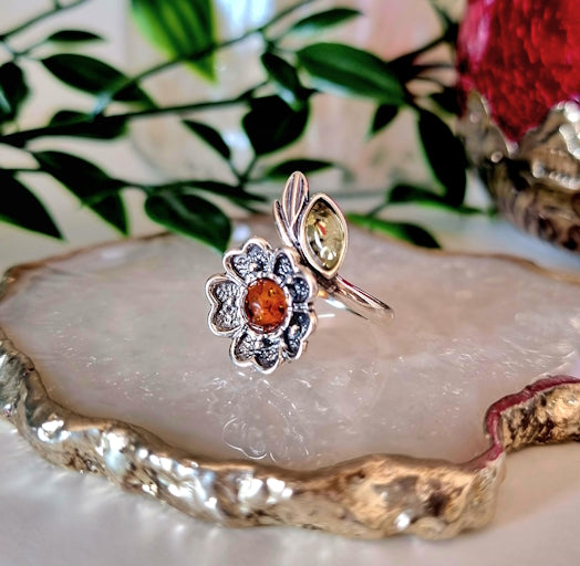 Ring blomma med Silver och Bärnsten (Justerbar)