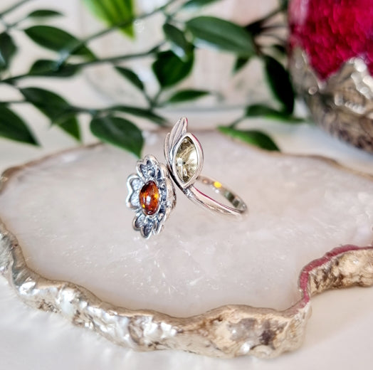 Ring blomma med Silver och Bärnsten (Justerbar)