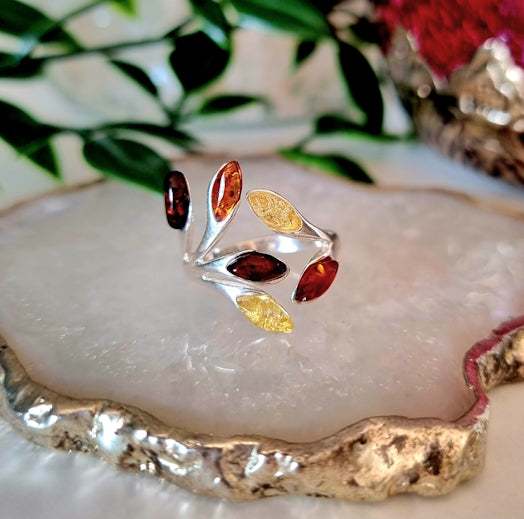 Ring blad med Silver och Bärnsten (Justerbar)