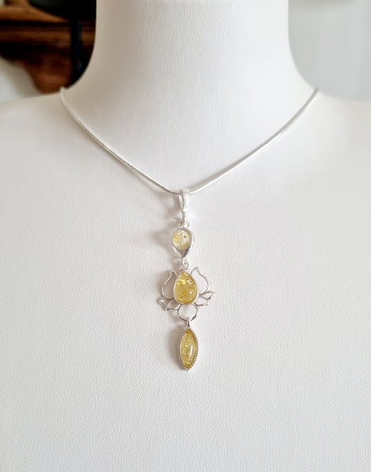 Lotus blomma hänge, silver och Bärnsten