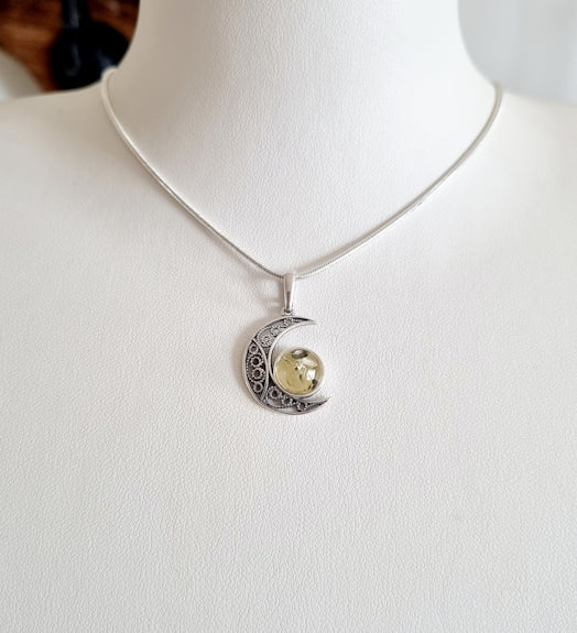 Hänge Måne med silver och gul bärnsten