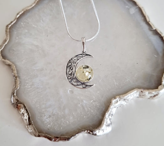 Hänge Måne med silver och gul bärnsten