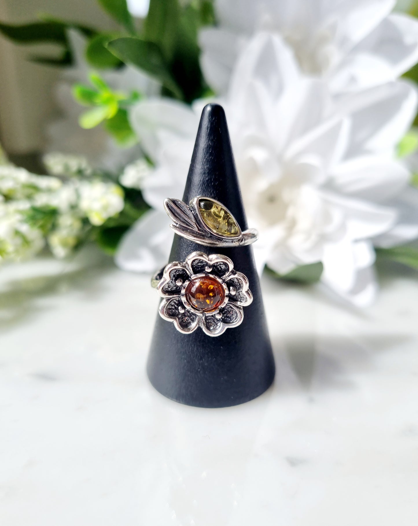 Ring blomma med Silver och Bärnsten (Justerbar)