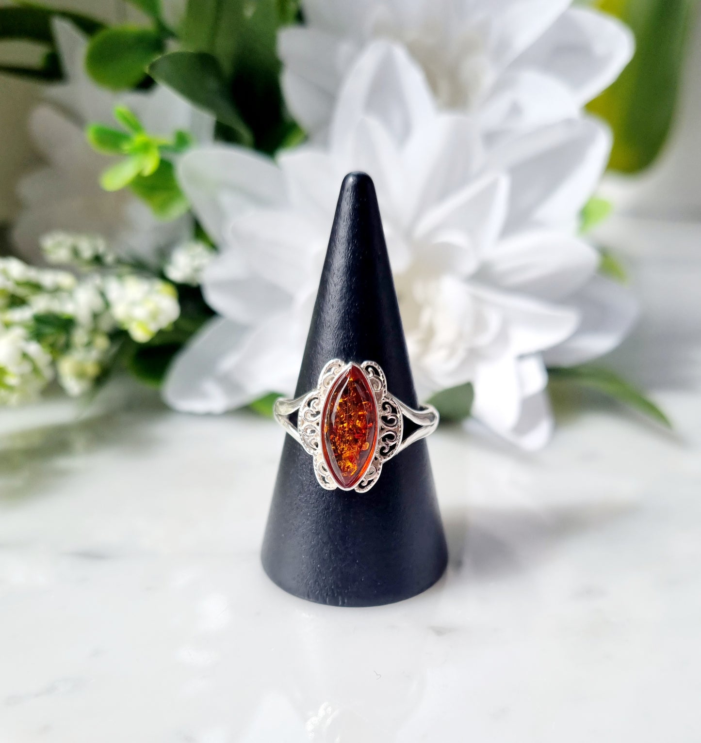 Ring av Sterling silver med Bärnsten (Justerbar)