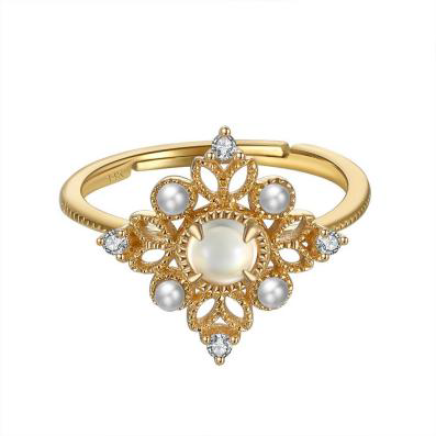Ring med Månsten, Sötvattenpärlor och Moissanite, 10K eller 18K