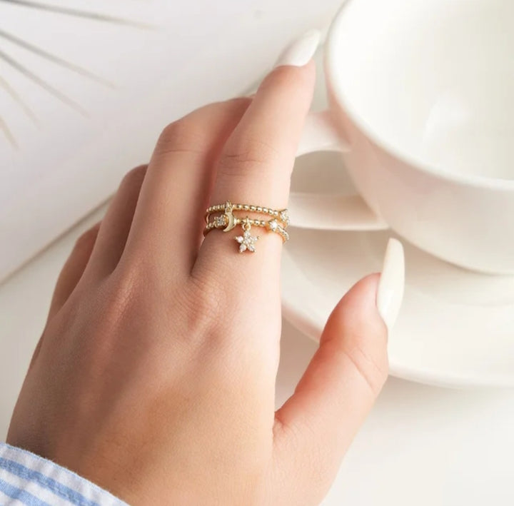 Ring med Måne och Stjärna Justerbar, Sterling silver 925