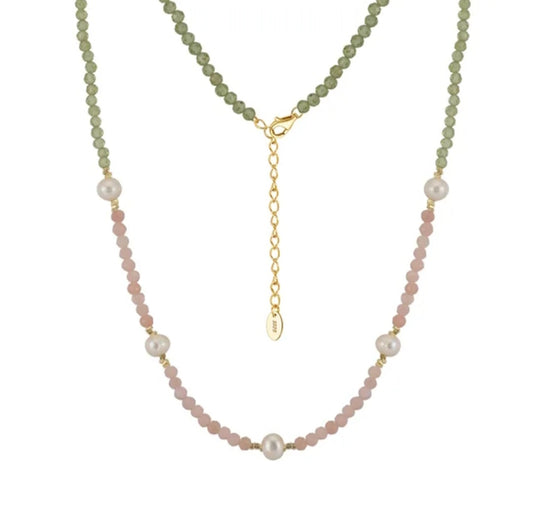 Halsband med Peridot, Rosa opal och Sötvattenpärlor