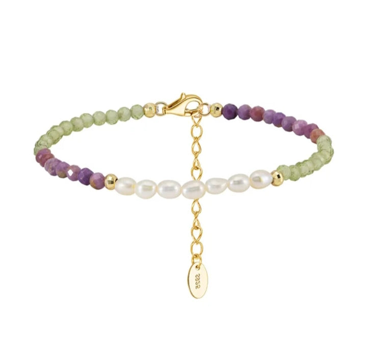 Armband med Sötvatten pärlor, Peridot och Lepidolit