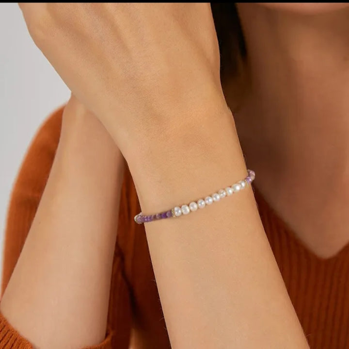 Armband med Lepidolit, Sötvattenpärlor och Sterling Silver 925
