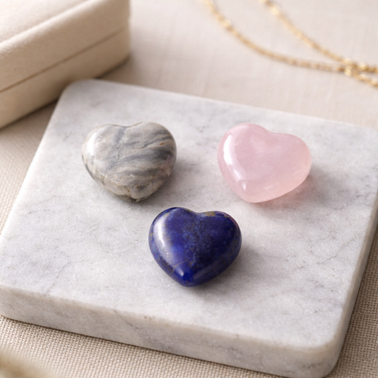Hjärtan  välj bland Lapis lazuli, Rosenkvarts eller Crazy lace agat